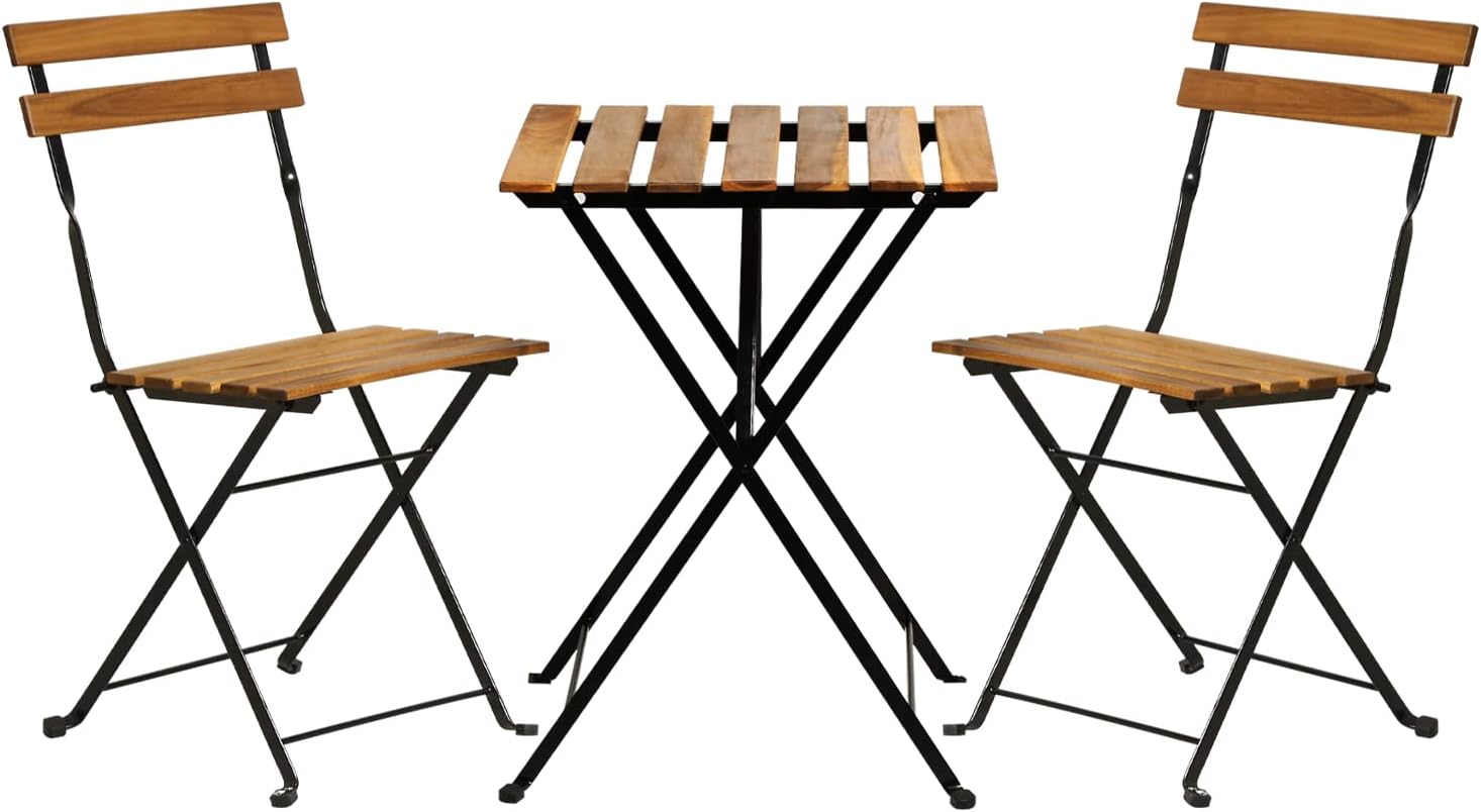 Outdoor Furniture Table And Chairs - Natural wood 3-piece folding patio bistro