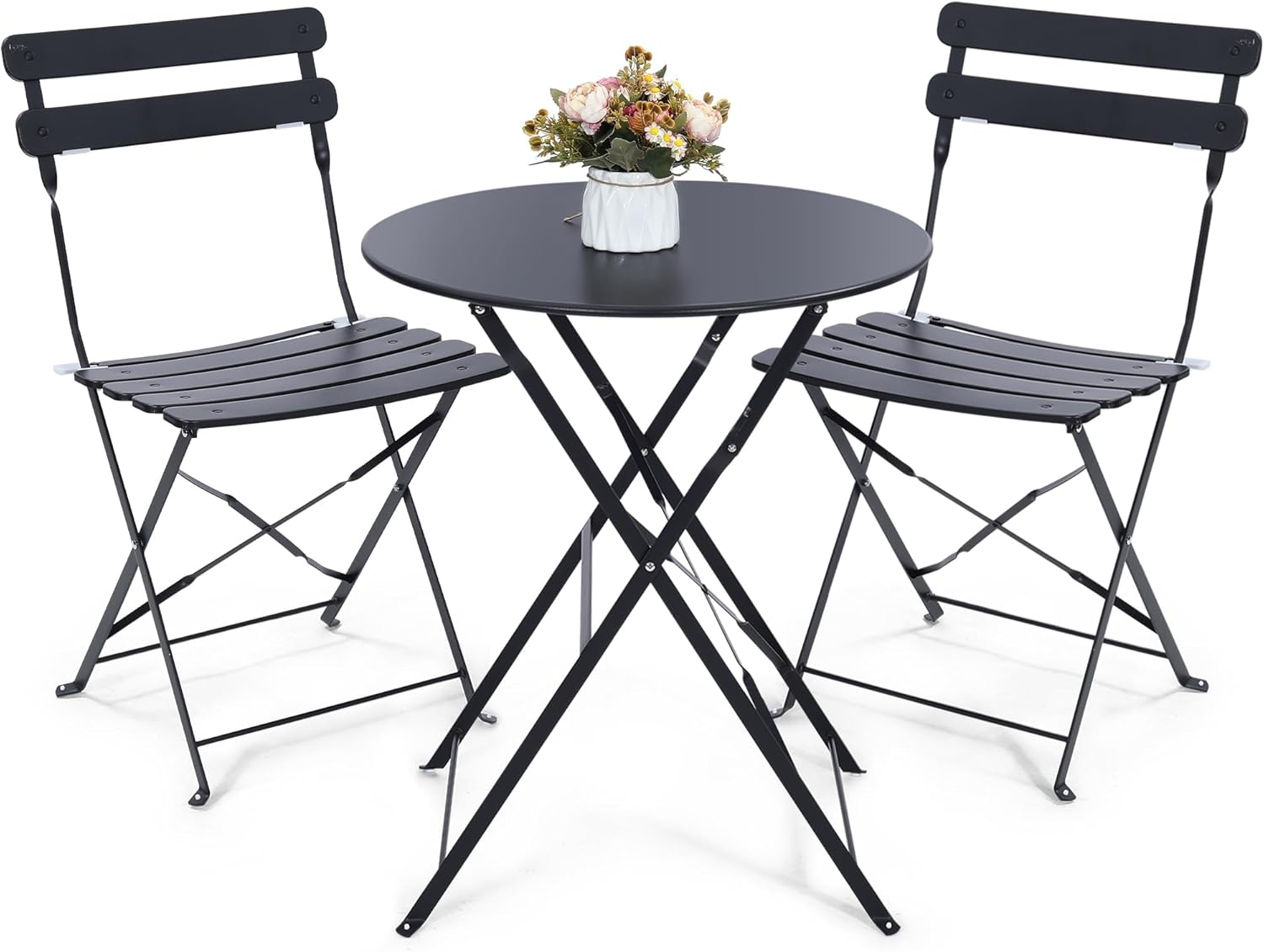 Outdoor Furniture Table And Chairs - Space-saving black 3-piece foldable outdoor bistro
